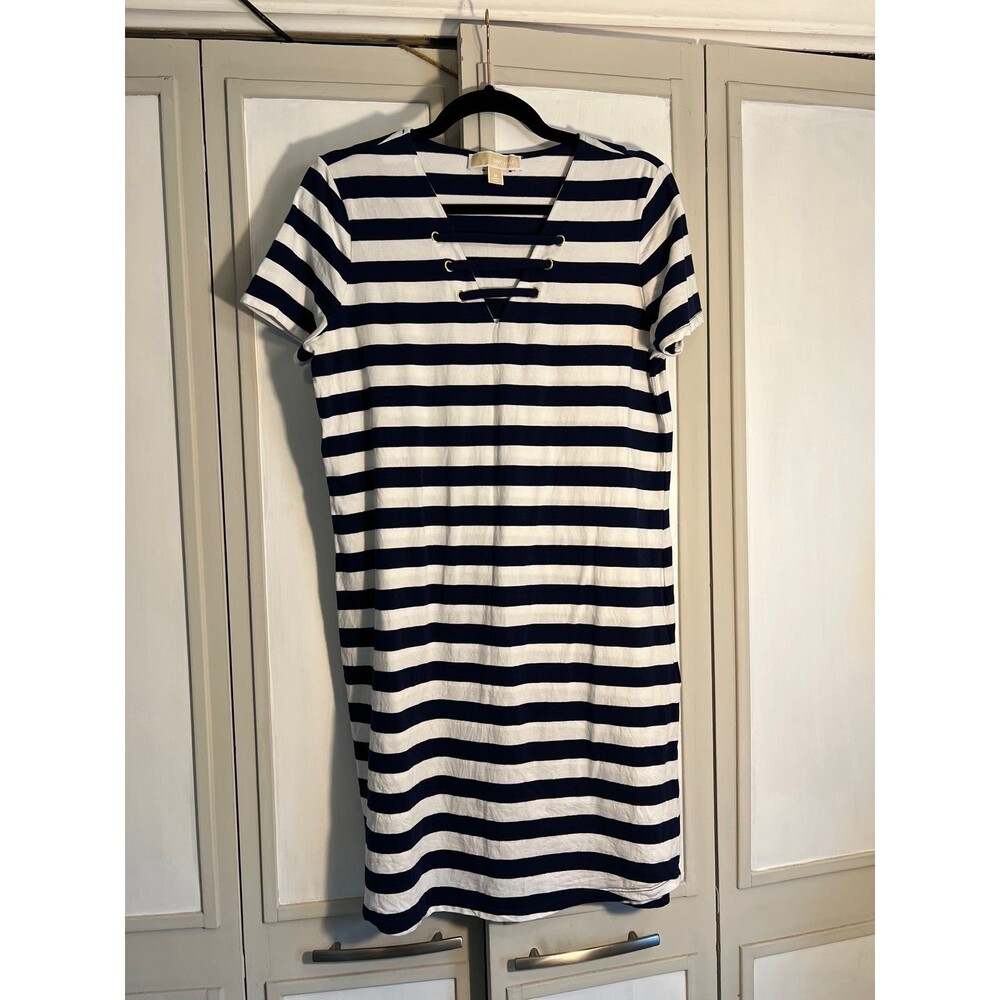 Michael Kors Blue White Stripe Short Sleeve Dress; Size Medium